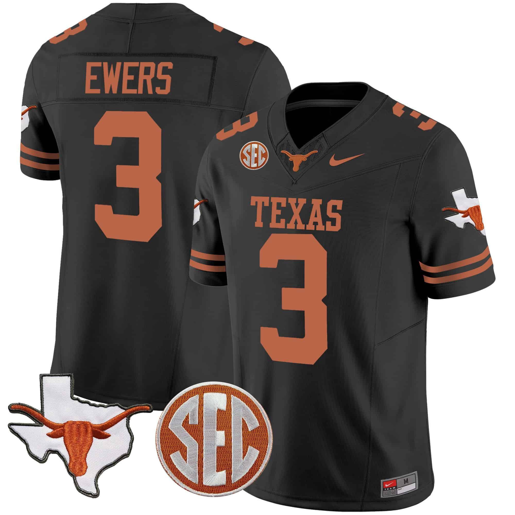 Men Texas Longhorns #3 Ewers Black 2024 Nike State Map & SEC Patch Vapor NCAA Jersey style 1->indianapolis colts->NFL Jersey